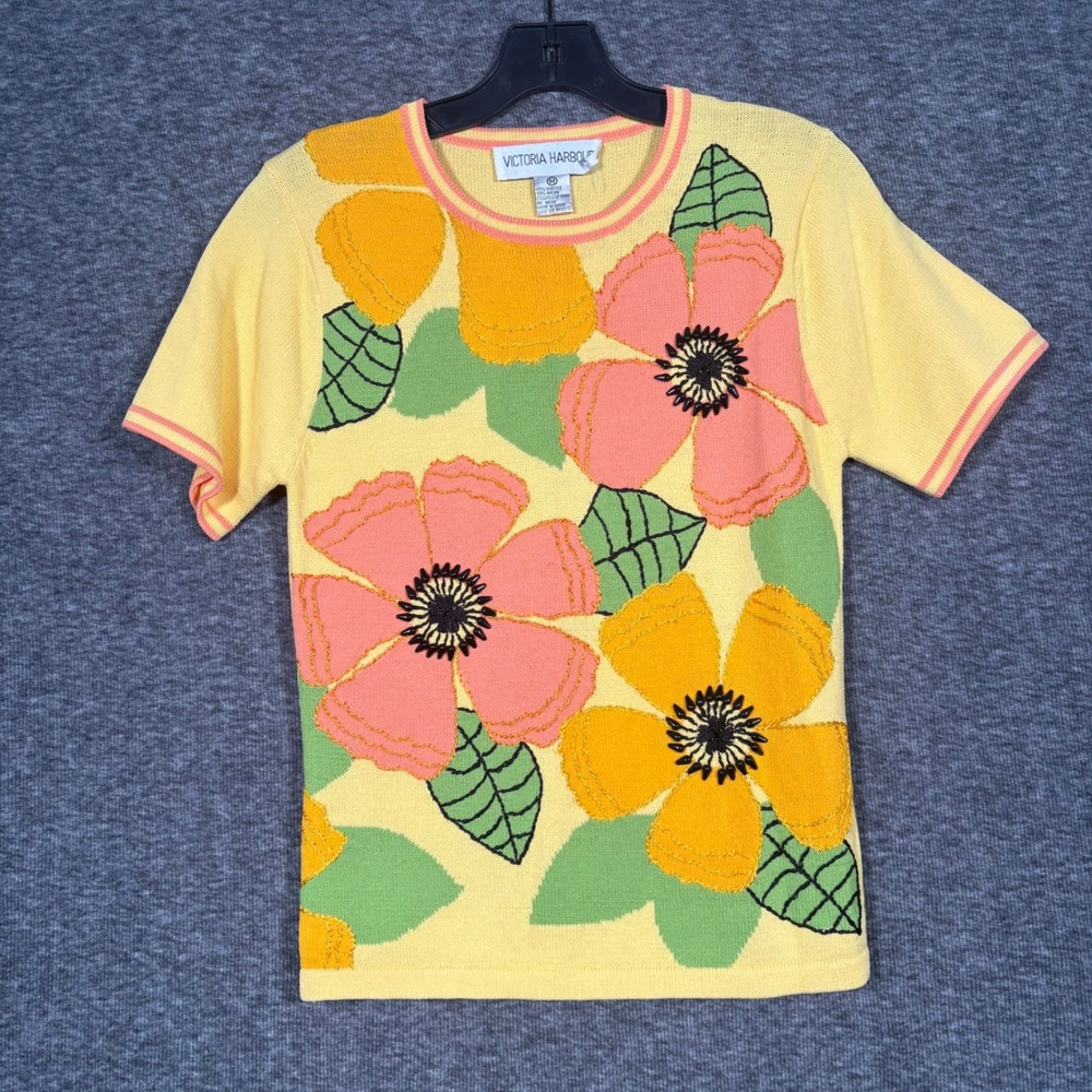 Vintage Victoria Harbour Floral Beaded Knit Top Yellow Short Sleeve Medium
